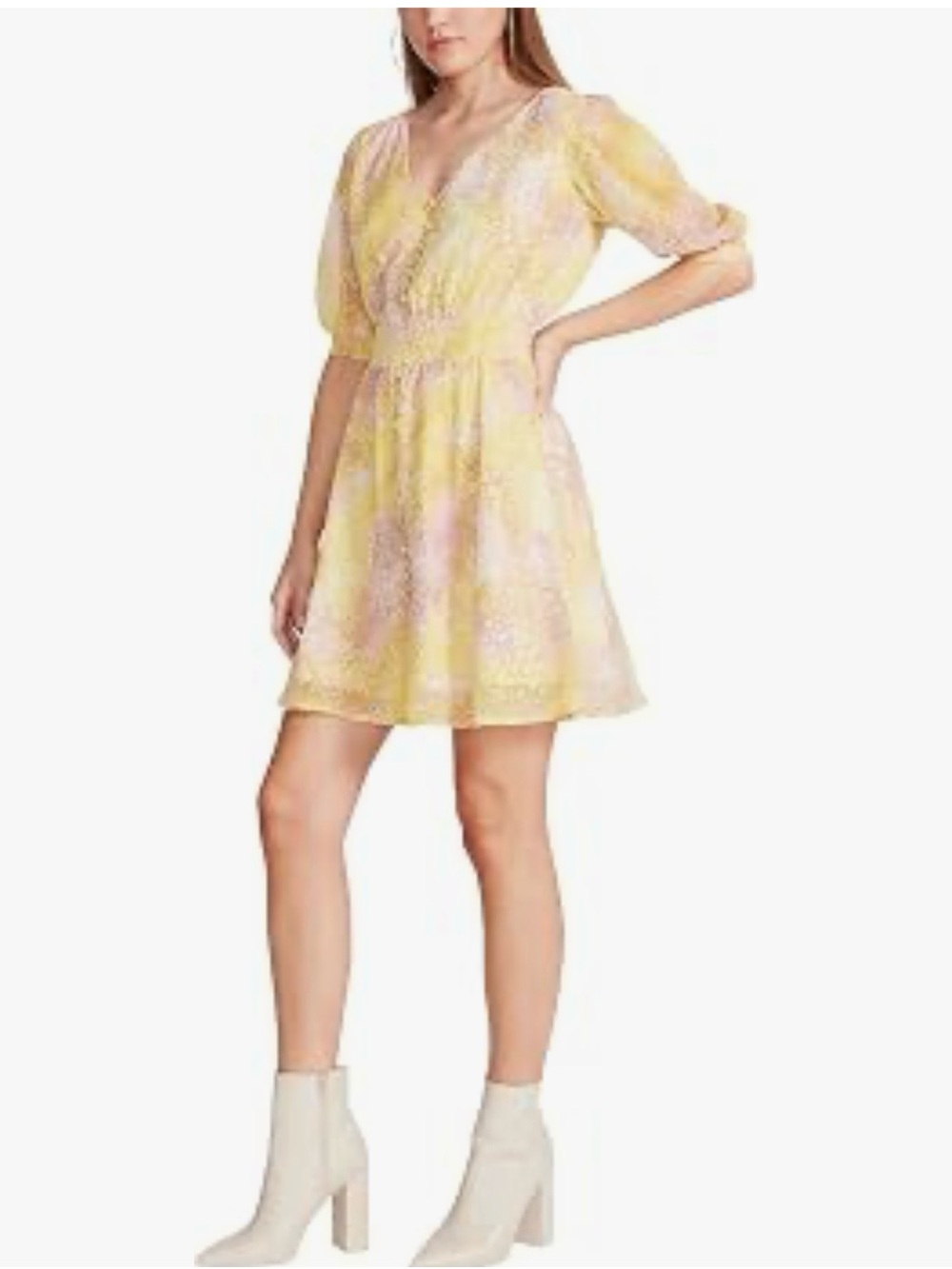 Steve Madden BB Dakota Women's Yellow Floral V-Neck Smocked Waist Dress